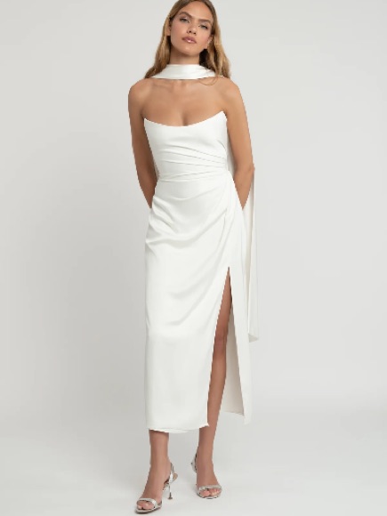 Jenny Yoo Perla White Scarf-Neck Midi Dress With Side Slit